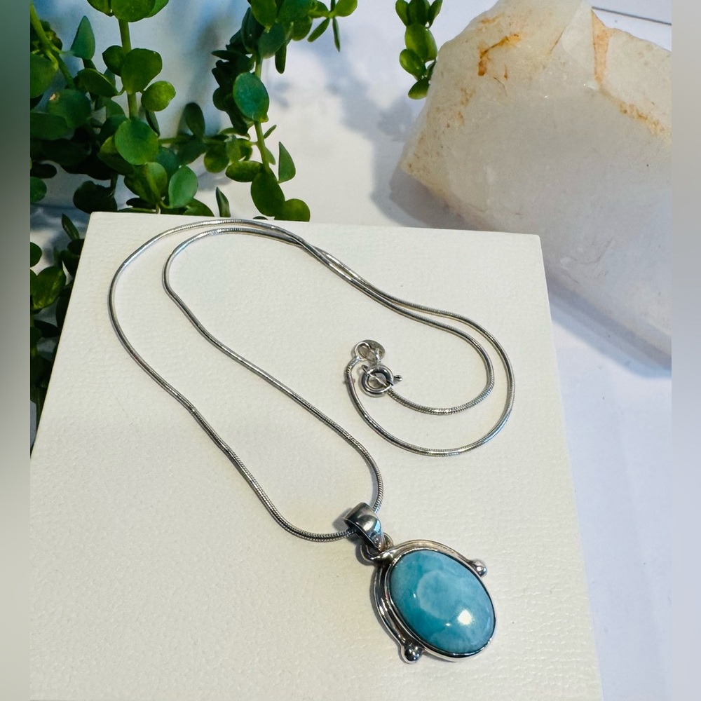 Vintage Oval Larimar Sterling Silver 925 Pendant 1” with Chain